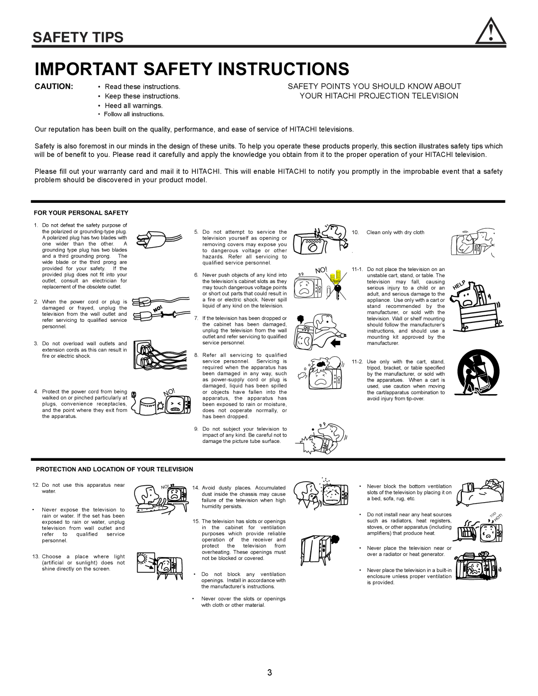 Hitachi 61SWX12B, 61UWX10B, 53SWX12B Safety Tips, Safety Points YOU should Know about, Your Hitachi Projection Television 