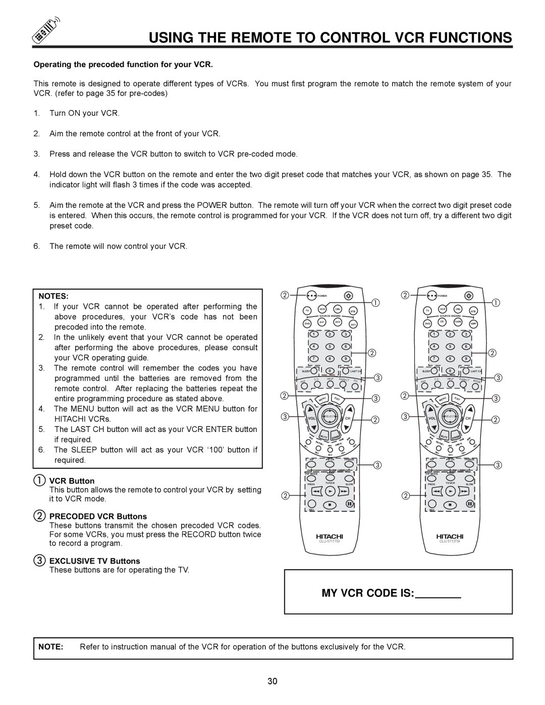 Hitachi 61UWX10B, 53SWX12B Using the Remote to Control VCR Functions, Operating the precoded function for your VCR 