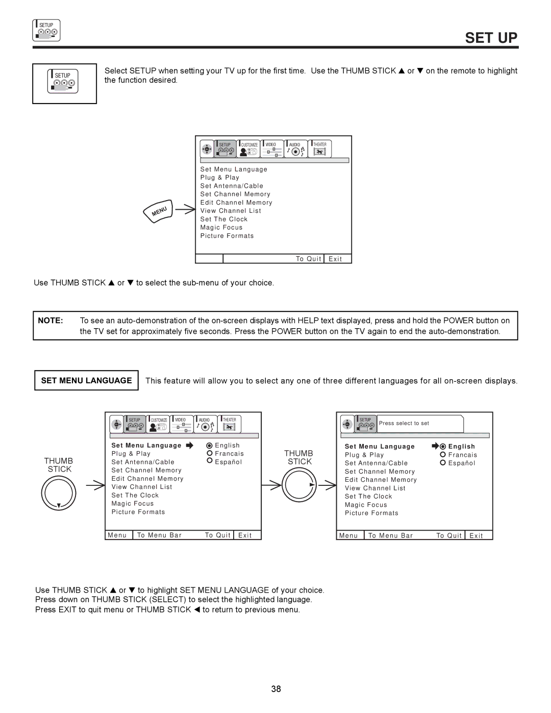 Hitachi 61SWX12B, 61UWX10B, 53SWX12B, 53SWX10B, 43UWX10B important safety instructions Set Up, SET Menu Language, Thumb, Stick 