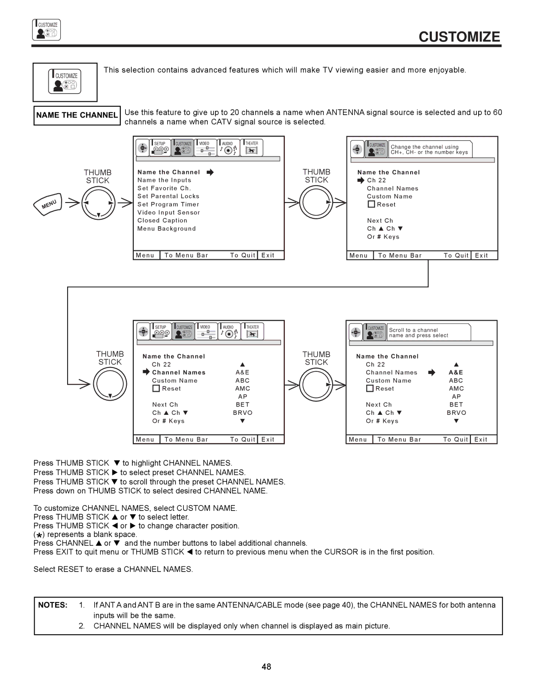 Hitachi 61SWX12B, 61UWX10B, 53SWX12B, 53SWX10B, 43UWX10B important safety instructions Customize, Name the Channel 