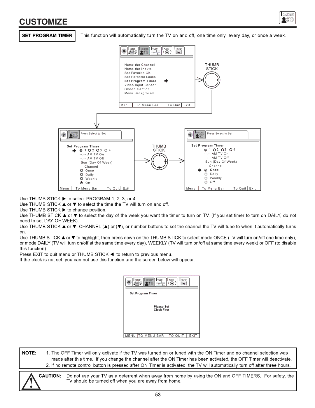 Hitachi 61SWX12B, 61UWX10B, 53SWX12B, 53SWX10B, 43UWX10B important safety instructions SET Program Timer, Stick 