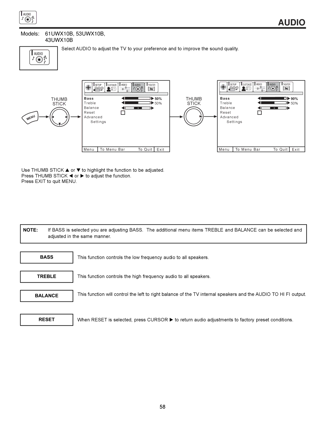 Hitachi 61SWX12B, 61UWX10B, 53SWX12B, 53SWX10B, 43UWX10B important safety instructions Audio, Bass, Treble, Balance 