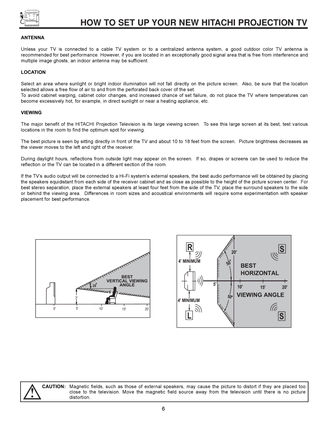 Hitachi 53SWX12B, 61UWX10B, 53SWX10B HOW to SET UP Your NEW Hitachi Projection TV, Antenna, Location, Viewing, Minimum 