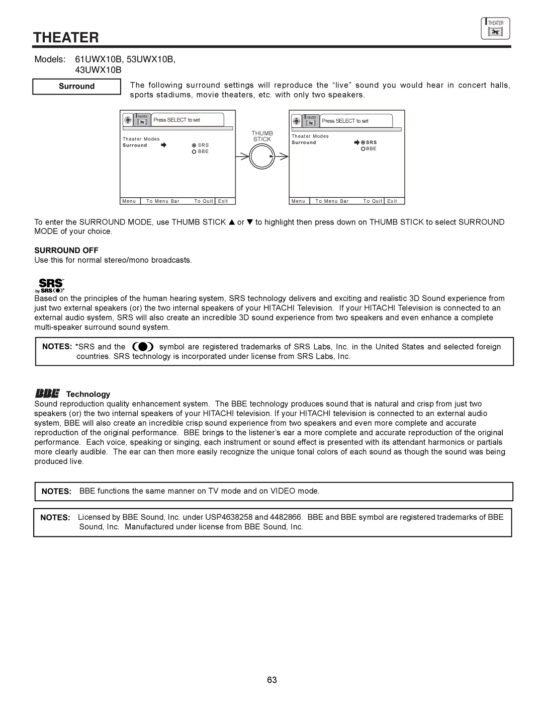 Hitachi 61SWX12B, 61UWX10B, 53SWX12B, 53SWX10B, 43UWX10B important safety instructions Surround OFF, Technology 