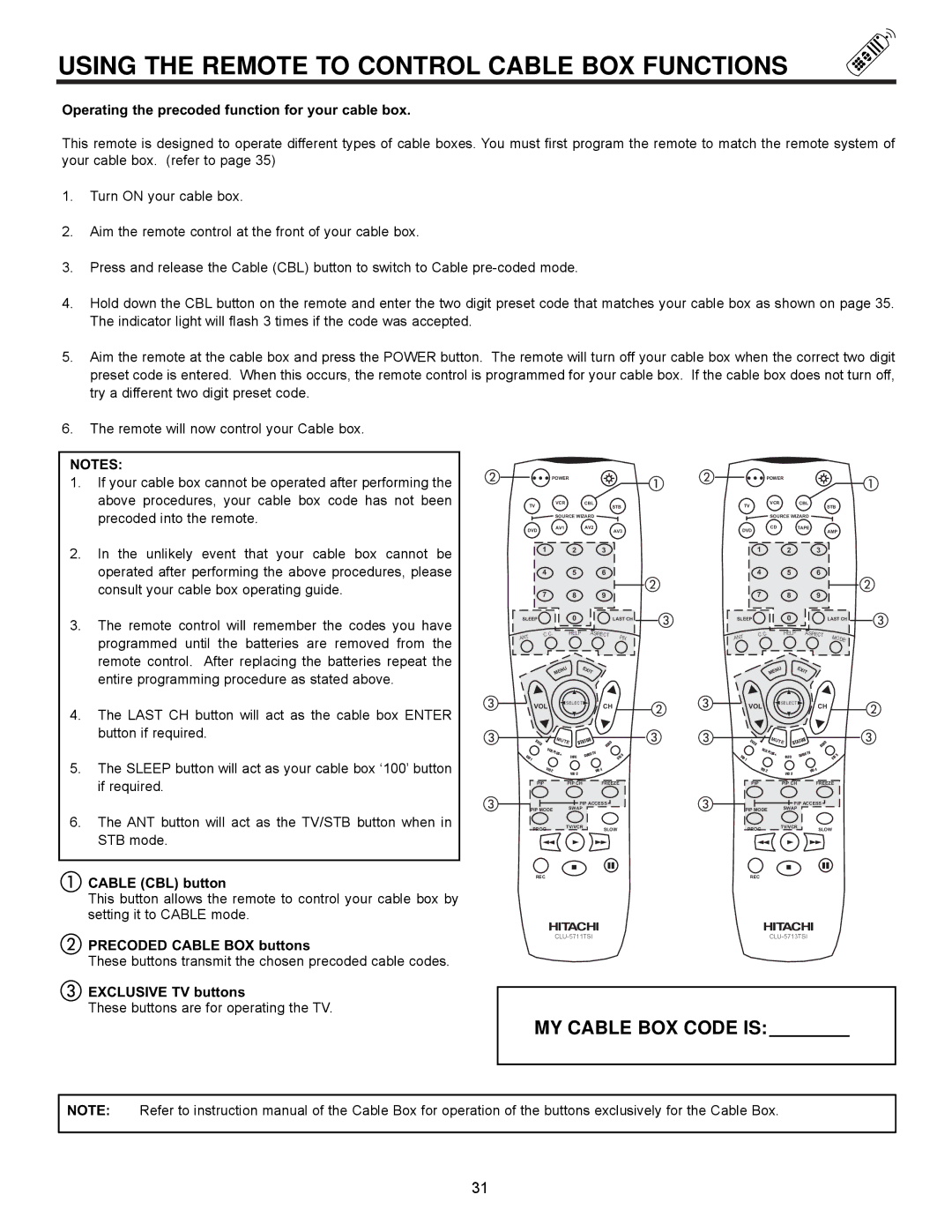 Hitachi 61UWX10B Using the Remote to Control Cable BOX Functions, Operating the precoded function for your cable box 