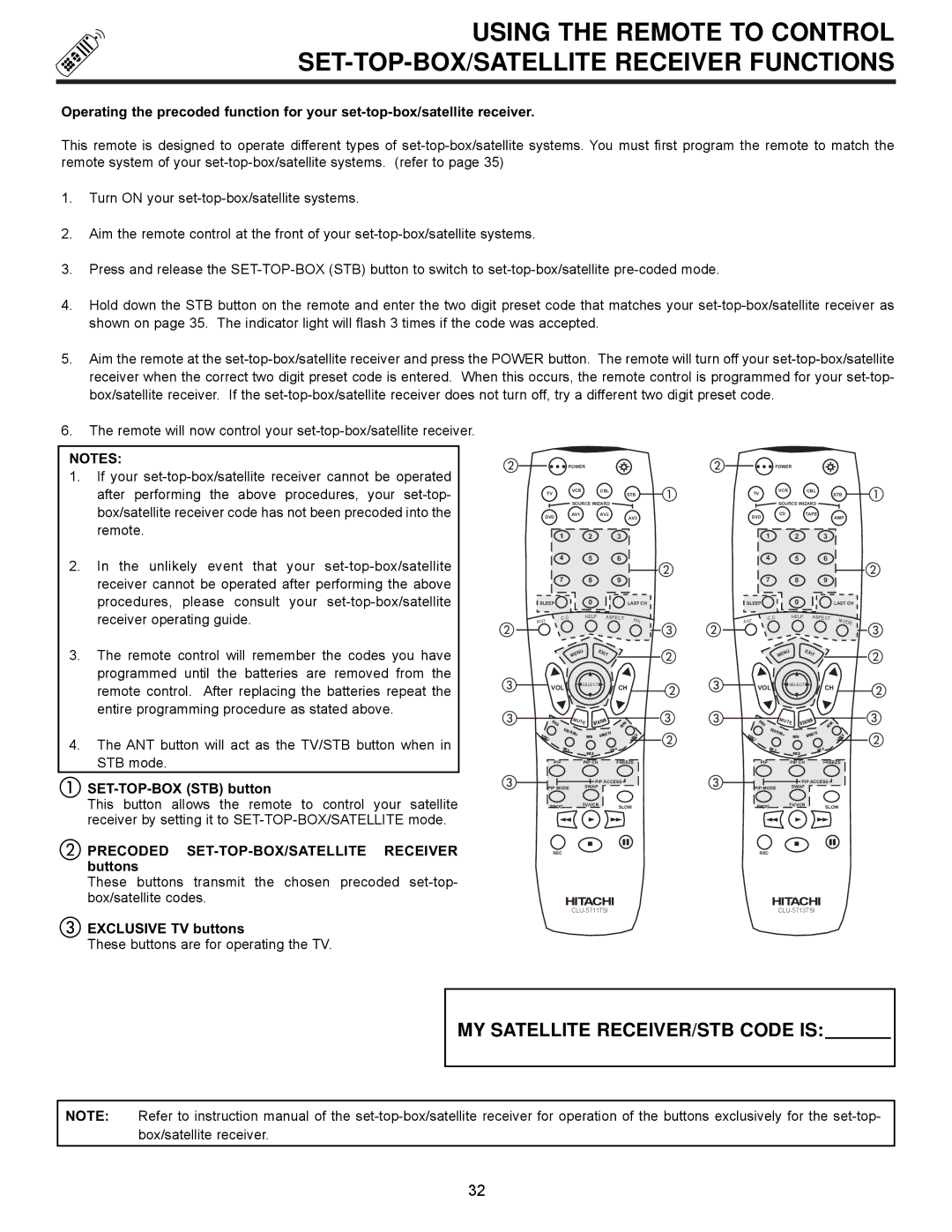 Hitachi 61UWX10B important safety instructions SET-TOP-BOX STB button, Precoded SET-TOP-BOX/SATELLITE Receiver buttons 