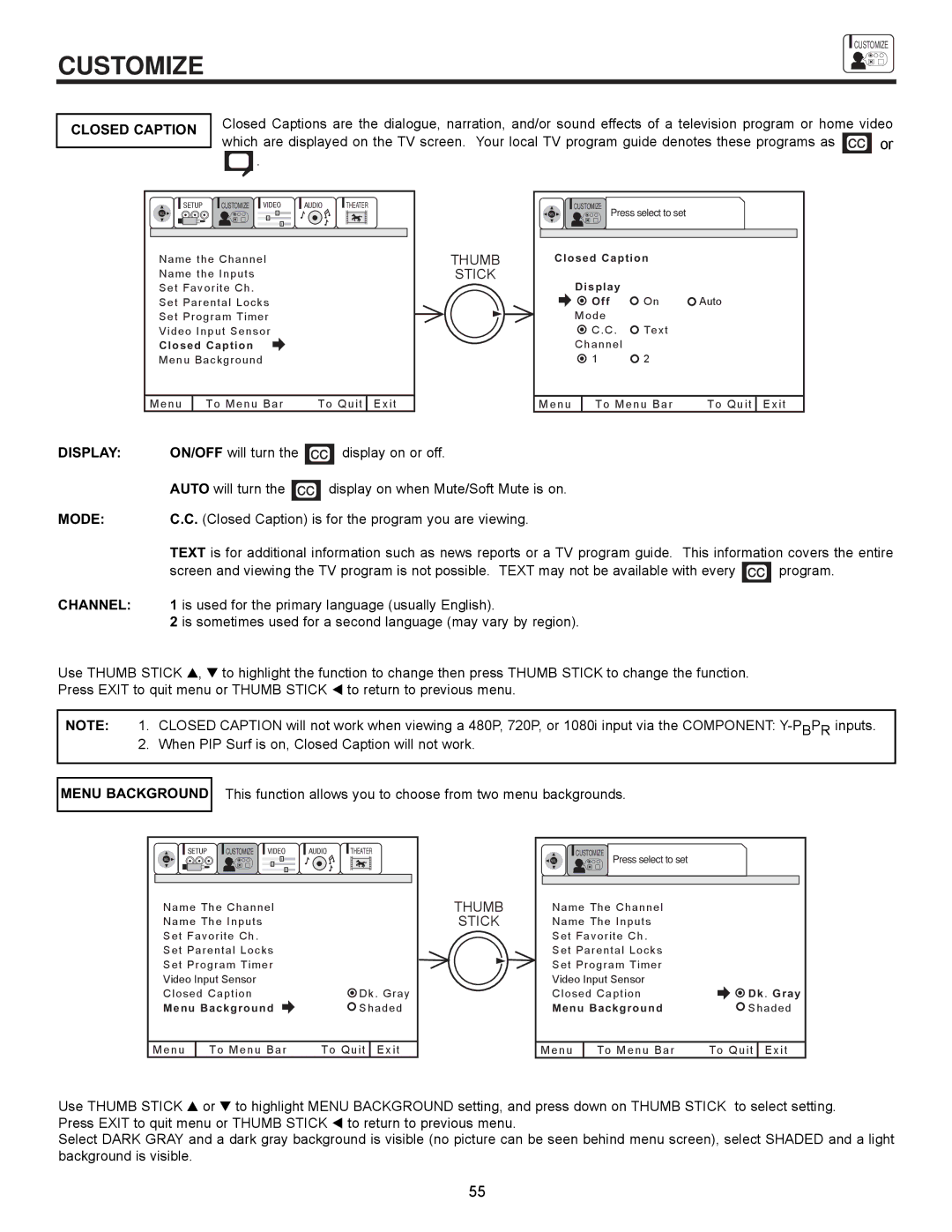 Hitachi 61UWX10B important safety instructions Closed Caption, Display, Mode, Channel, Menu Background 