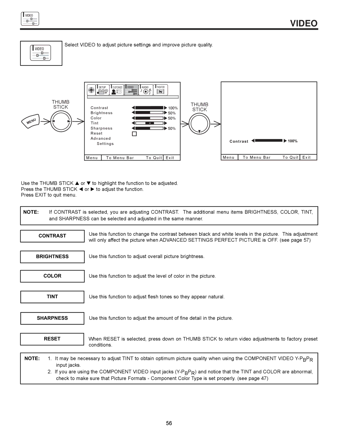 Hitachi 61UWX10B important safety instructions Video, Contrast Brightness Color Tint Sharpness Reset 