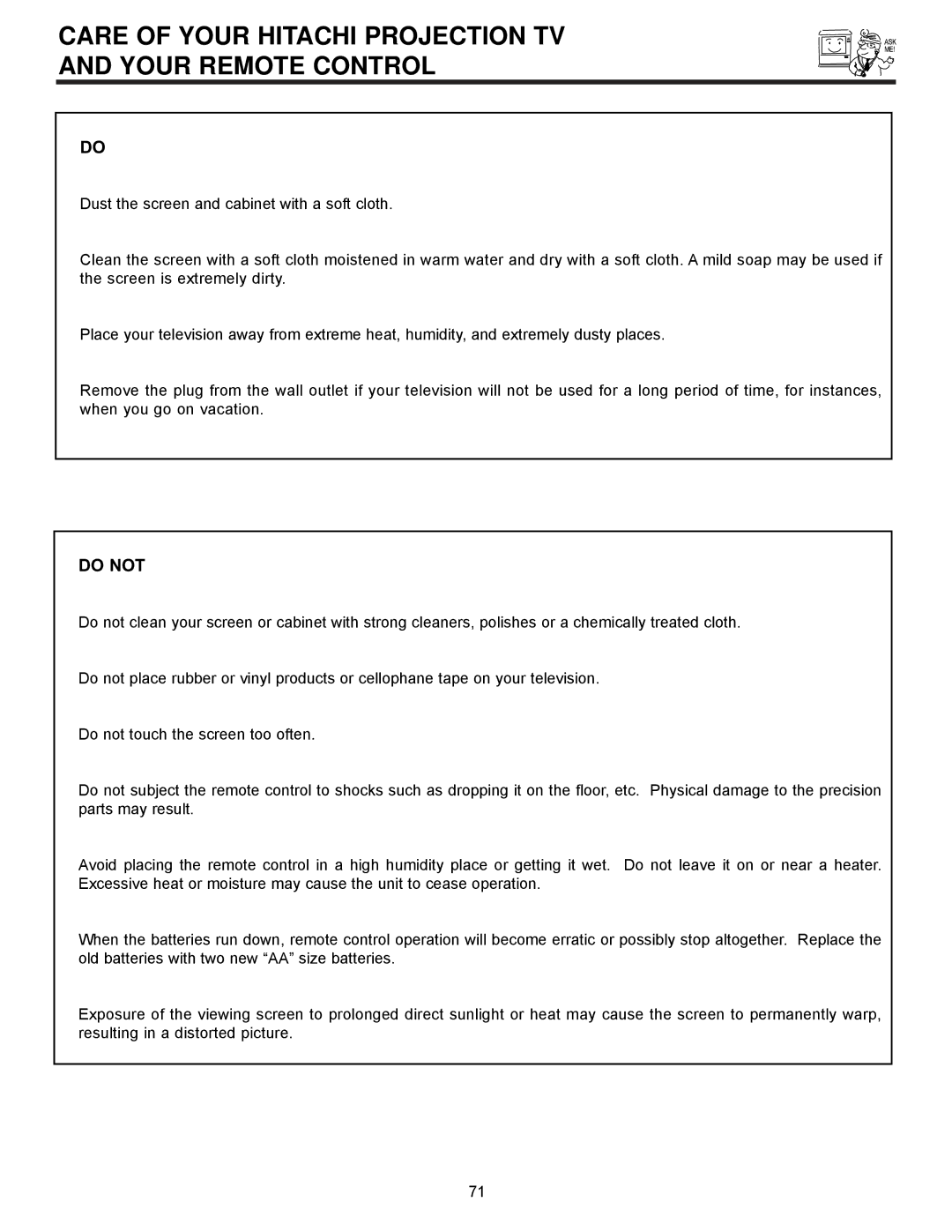 Hitachi 61UWX10B important safety instructions Care of Your Hitachi Projection TV Your Remote Control, Do not 