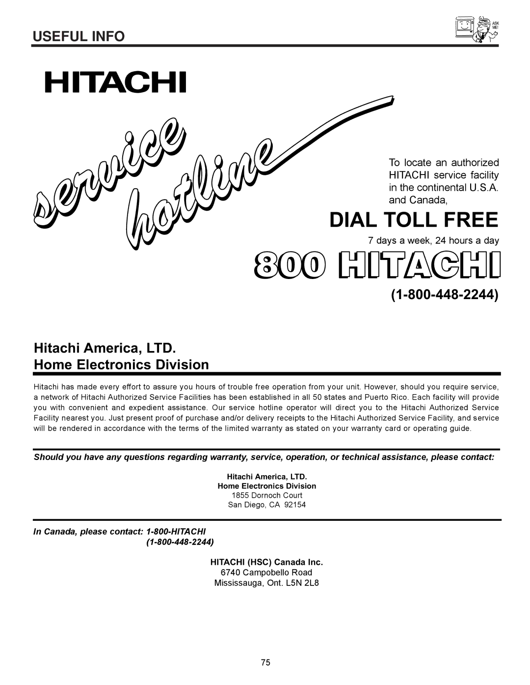 Hitachi 61UWX10B important safety instructions Hitachi, Home Electronics Division 