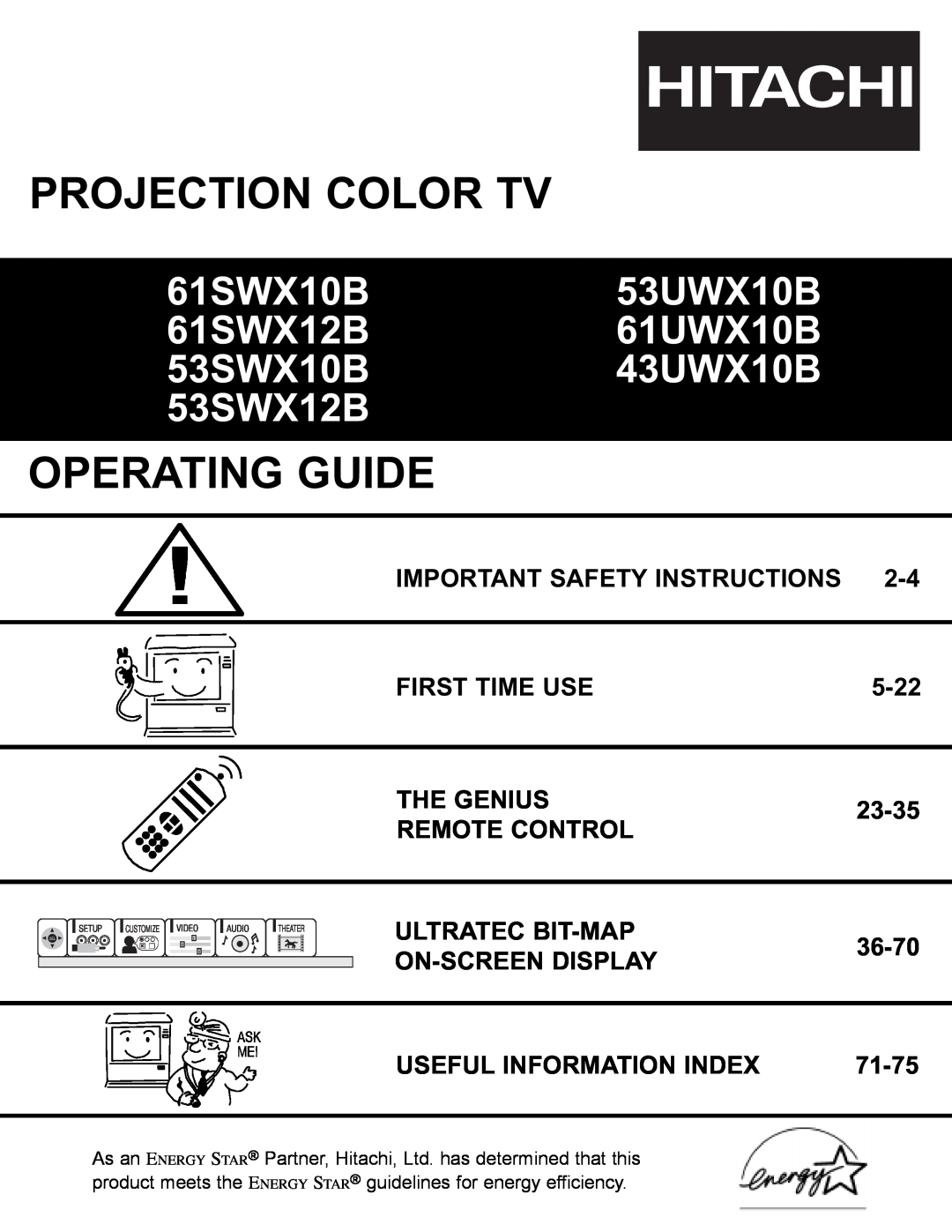 Hitachi 61UWX10B important safety instructions Important Safety Instructions, First Time Use, 5-22, The Genius, 23-35 