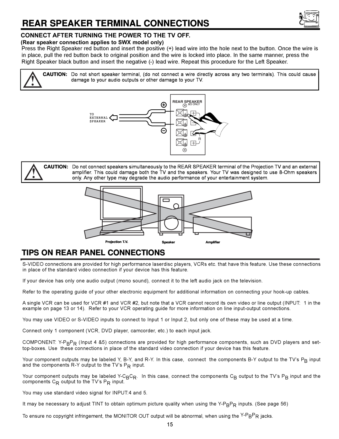 Hitachi 61UWX10B important safety instructions Rear Speaker Terminal Connections, Tips On Rear Panel Connections 