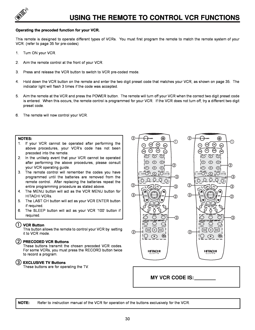 Hitachi 61UWX10B important safety instructions Using The Remote To Control Vcr Functions, My Vcr Code Is 