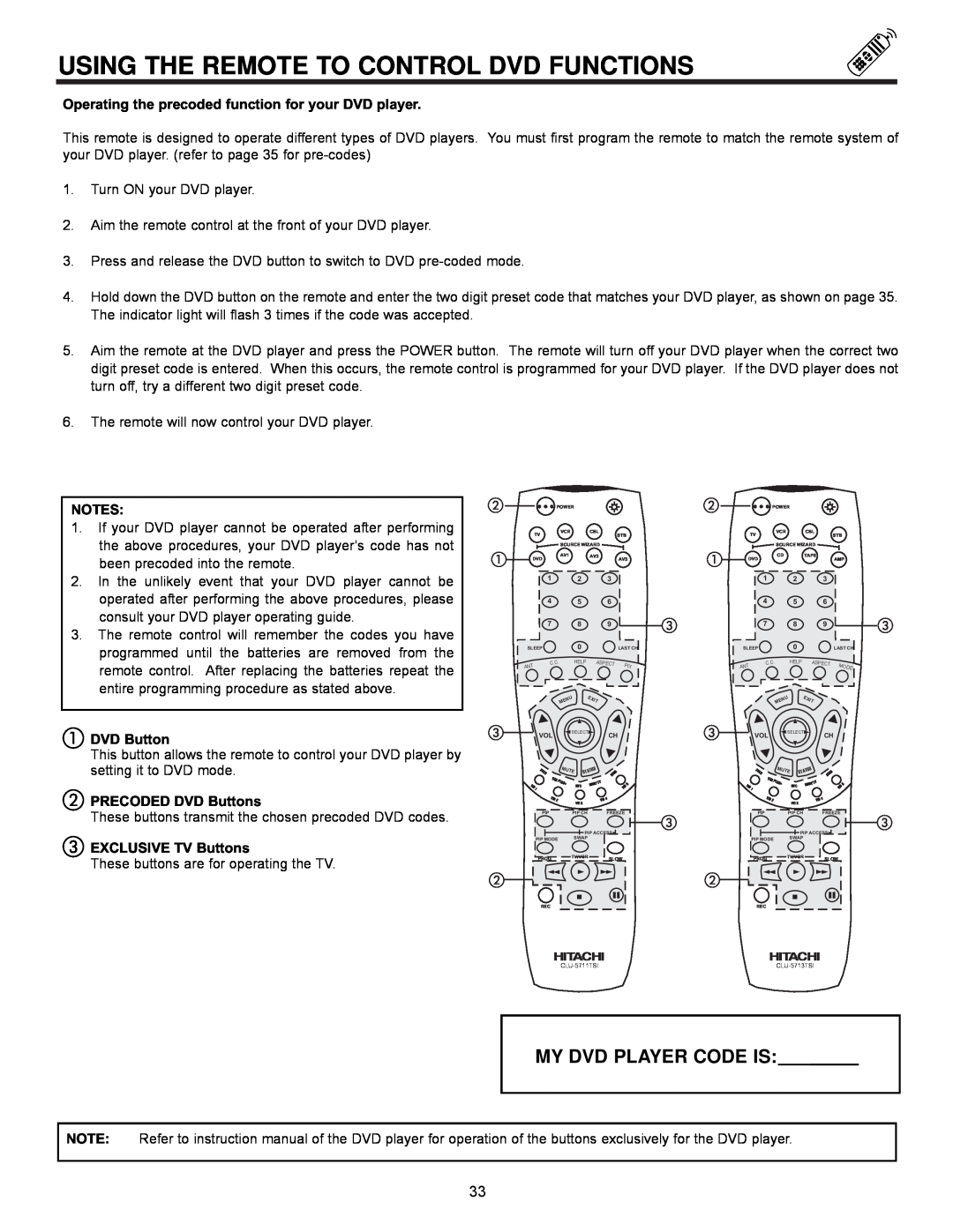 Hitachi 61UWX10B important safety instructions Using The Remote To Control Dvd Functions, My Dvd Player Code Is 
