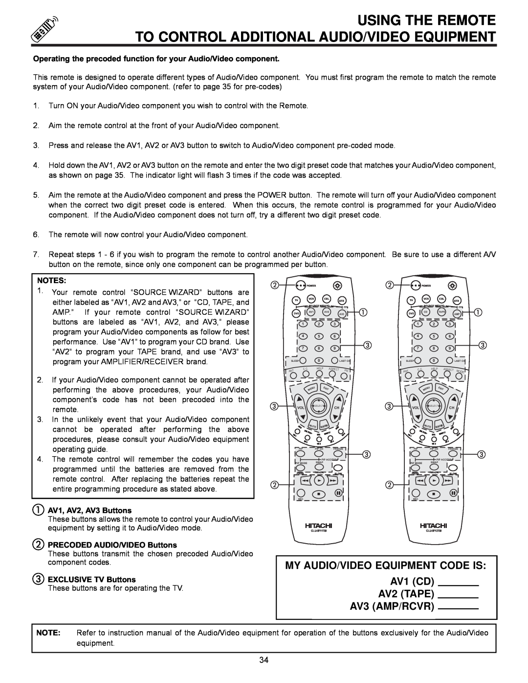 Hitachi 61UWX10B important safety instructions Using The Remote To Control Additional Audio/Video Equipment 