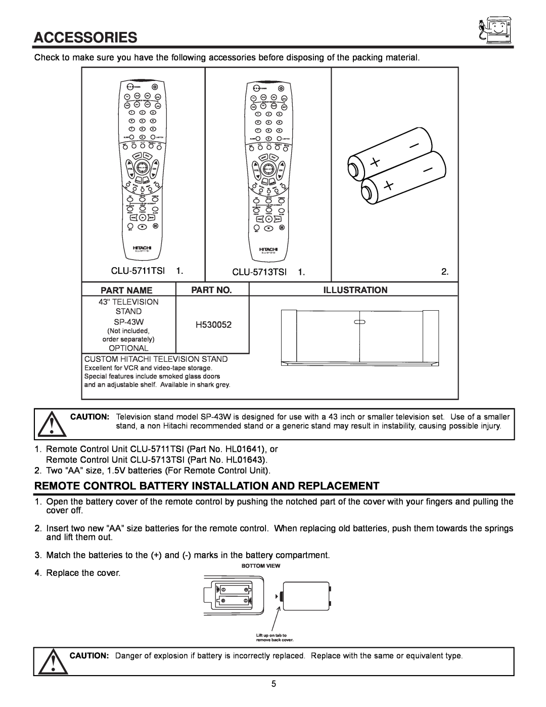 Hitachi 61UWX10B Accessories, Remote Control Battery Installation And Replacement, Part Name, Illustration 