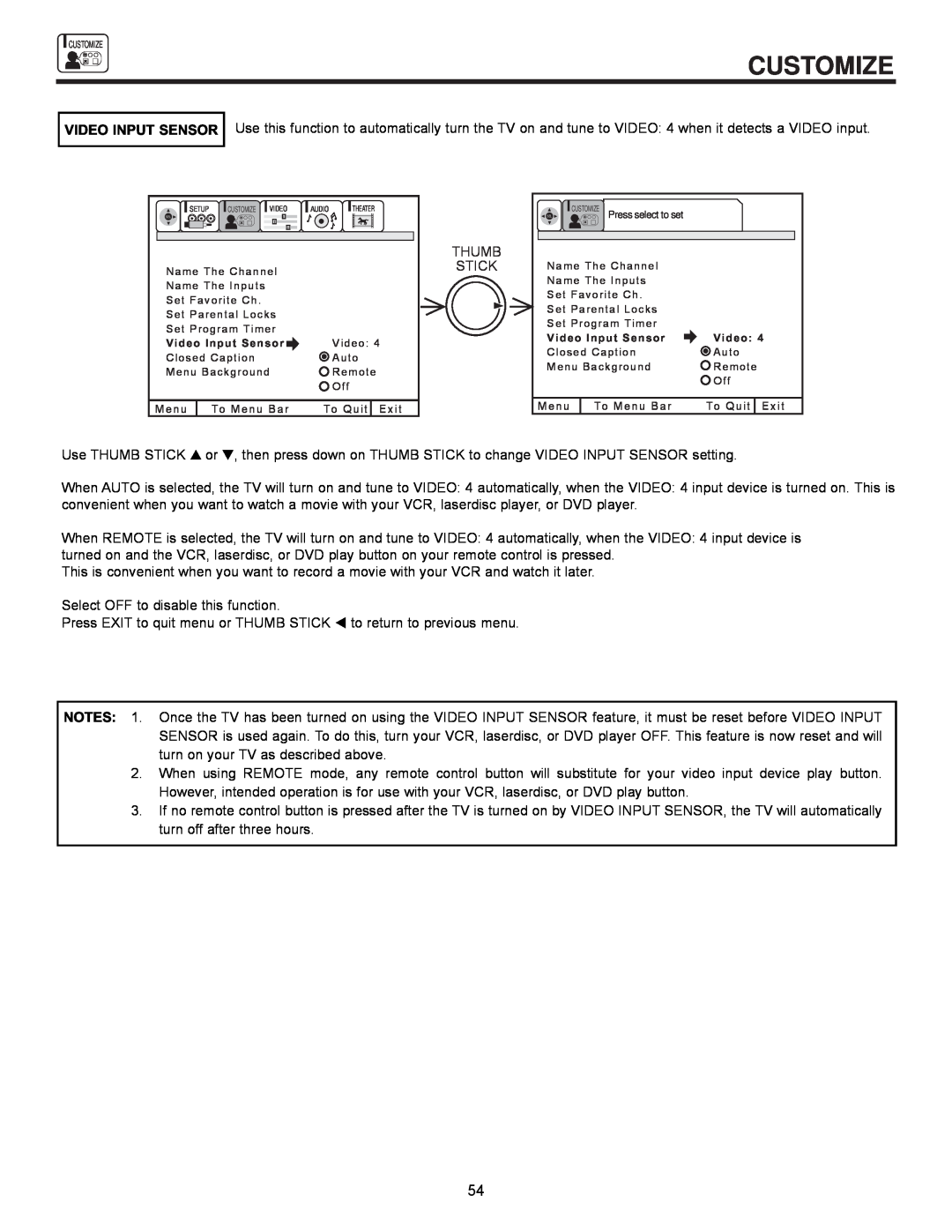 Hitachi 61UWX10B important safety instructions Customize, Video Input Sensor 