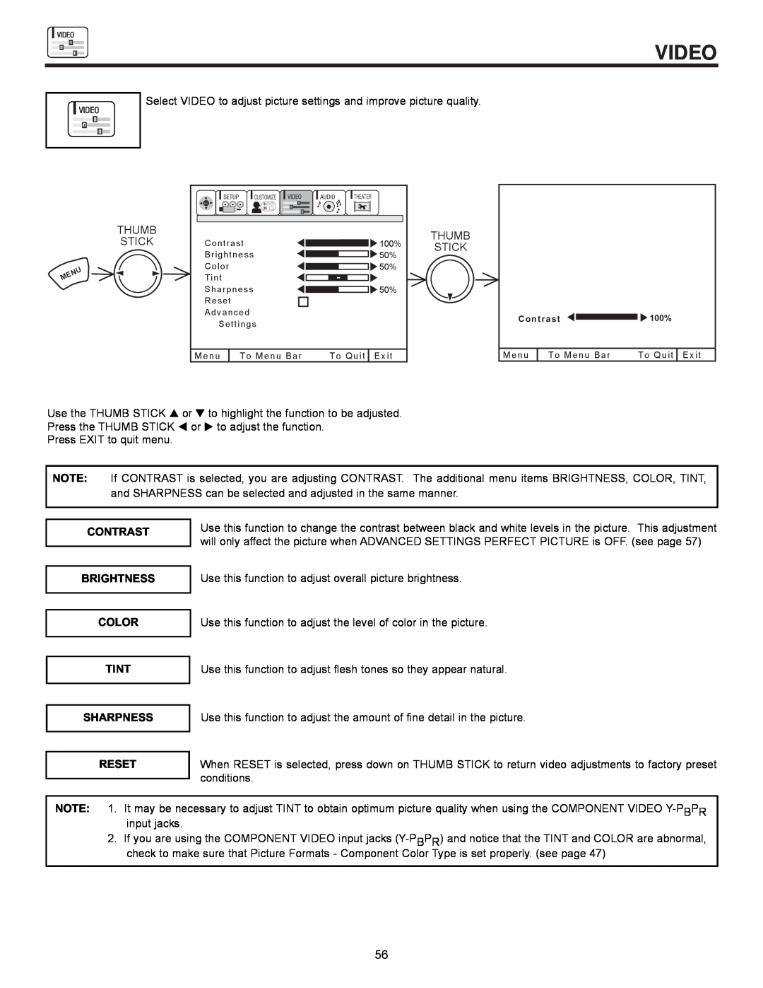 Hitachi 61UWX10B important safety instructions Video, Contrast Brightness Color Tint Sharpness Reset 