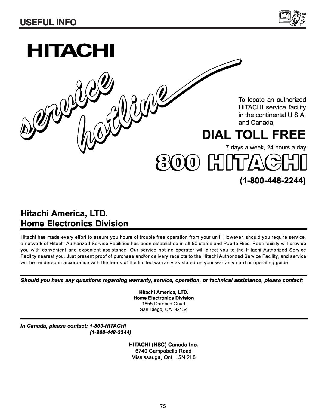 Hitachi 61UWX10B Home Electronics Division, Hitachi, Dial Toll Free, Useful Info, days a week, 24 hours a day 