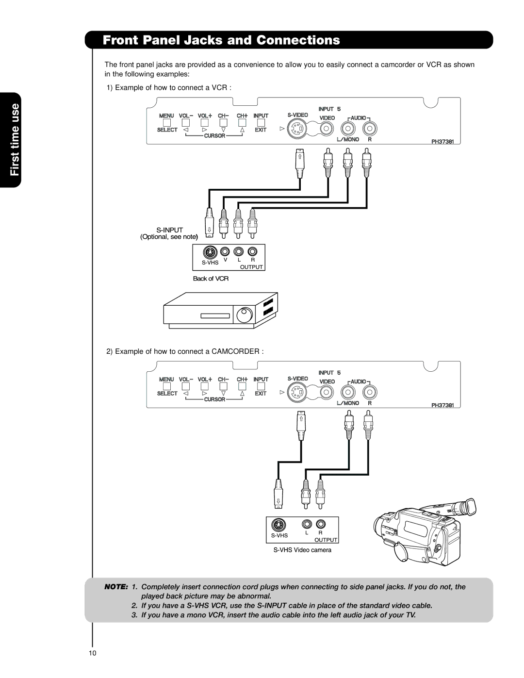 Hitachi 62VS69 important safety instructions Front Panel Jacks and Connections 