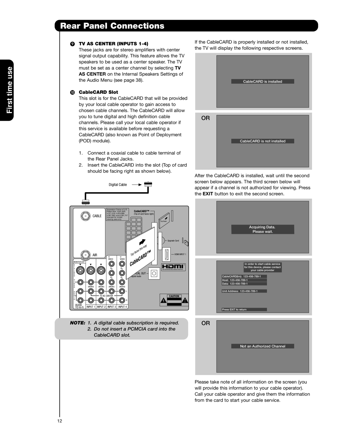 Hitachi 62VS69 important safety instructions TV AS Center Inputs, CableCARD Slot 