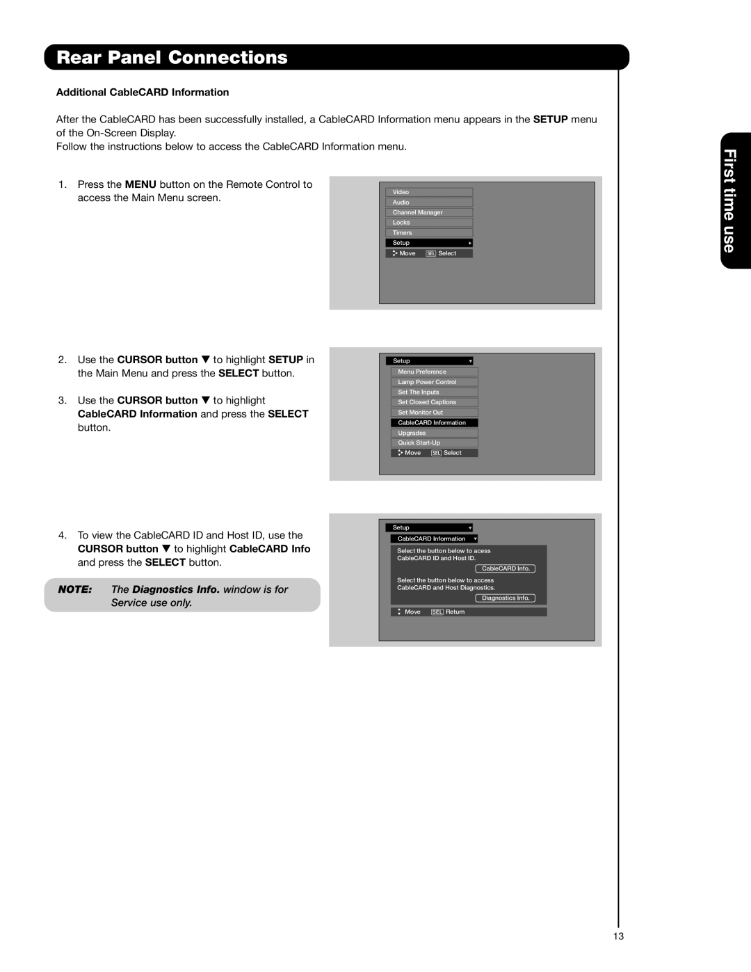 Hitachi 62VS69 important safety instructions Time use, Additional CableCARD Information, Use the Cursor button 