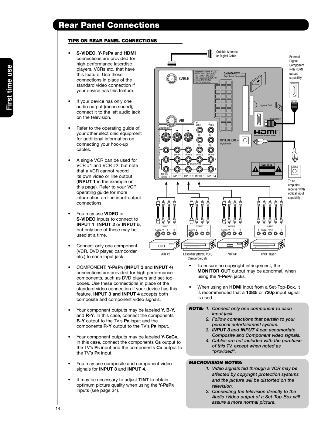 Hitachi 62VS69 important safety instructions Tips on Rear Panel Connections, VIDEO,Y-PBPRand Hdmi 