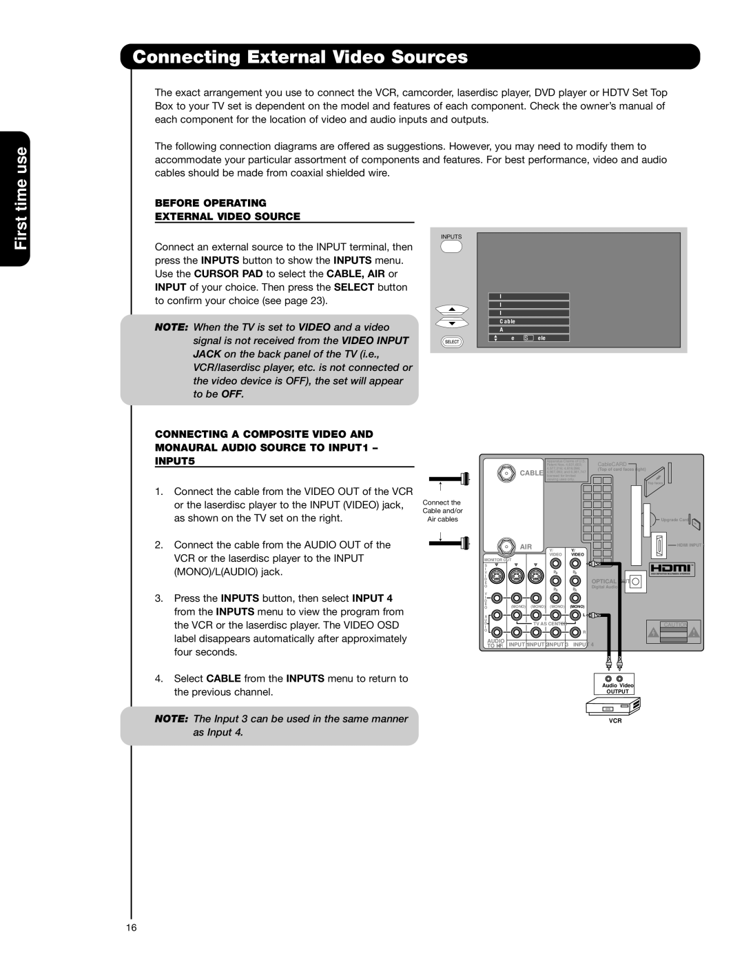 Hitachi 62VS69 important safety instructions First, Before Operating External Video Source 