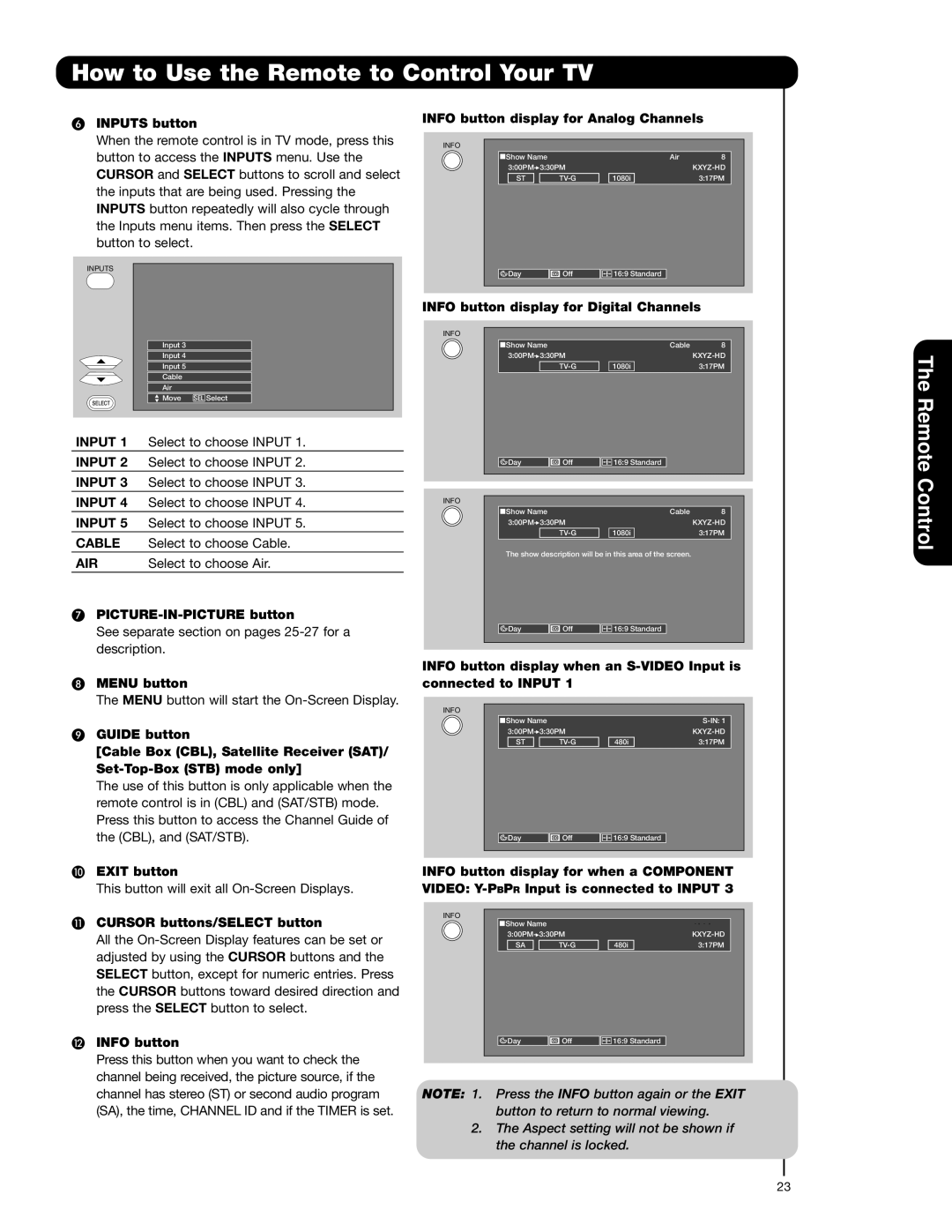 Hitachi 62VS69 Inputs button, PICTURE-IN-PICTURE button, Menu button, Exit button, Cursor buttons/SELECT button 