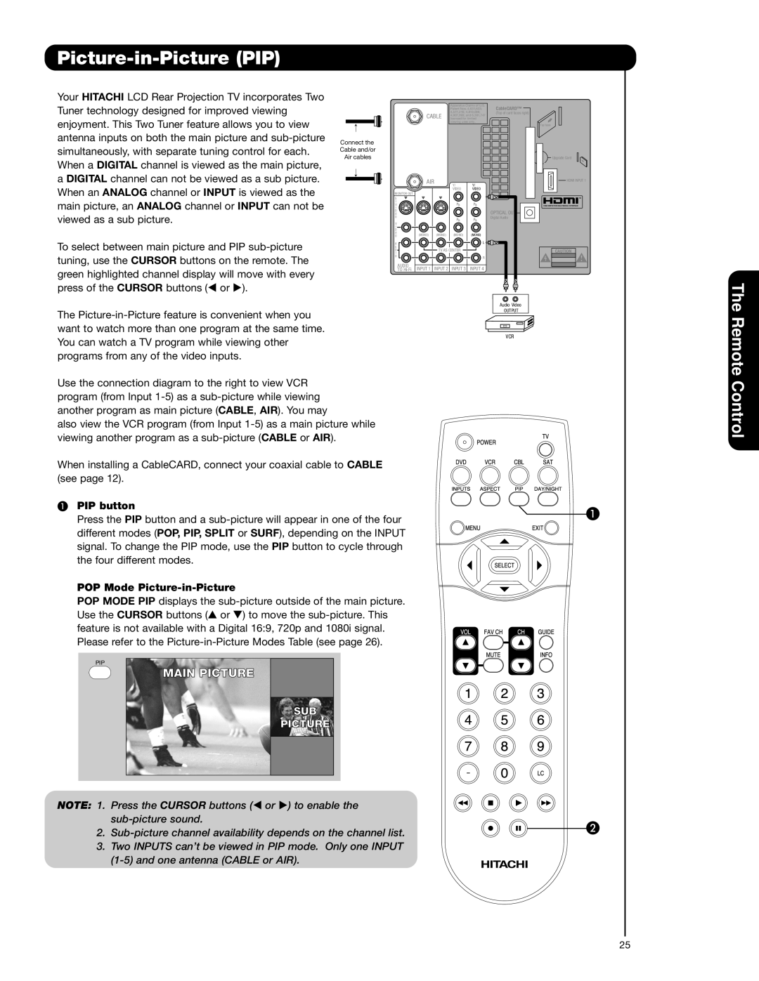 Hitachi 62VS69 Picture-in-Picture PIP, Rol, PIP button, POP Mode Picture-in-Picture, SUB Picture 