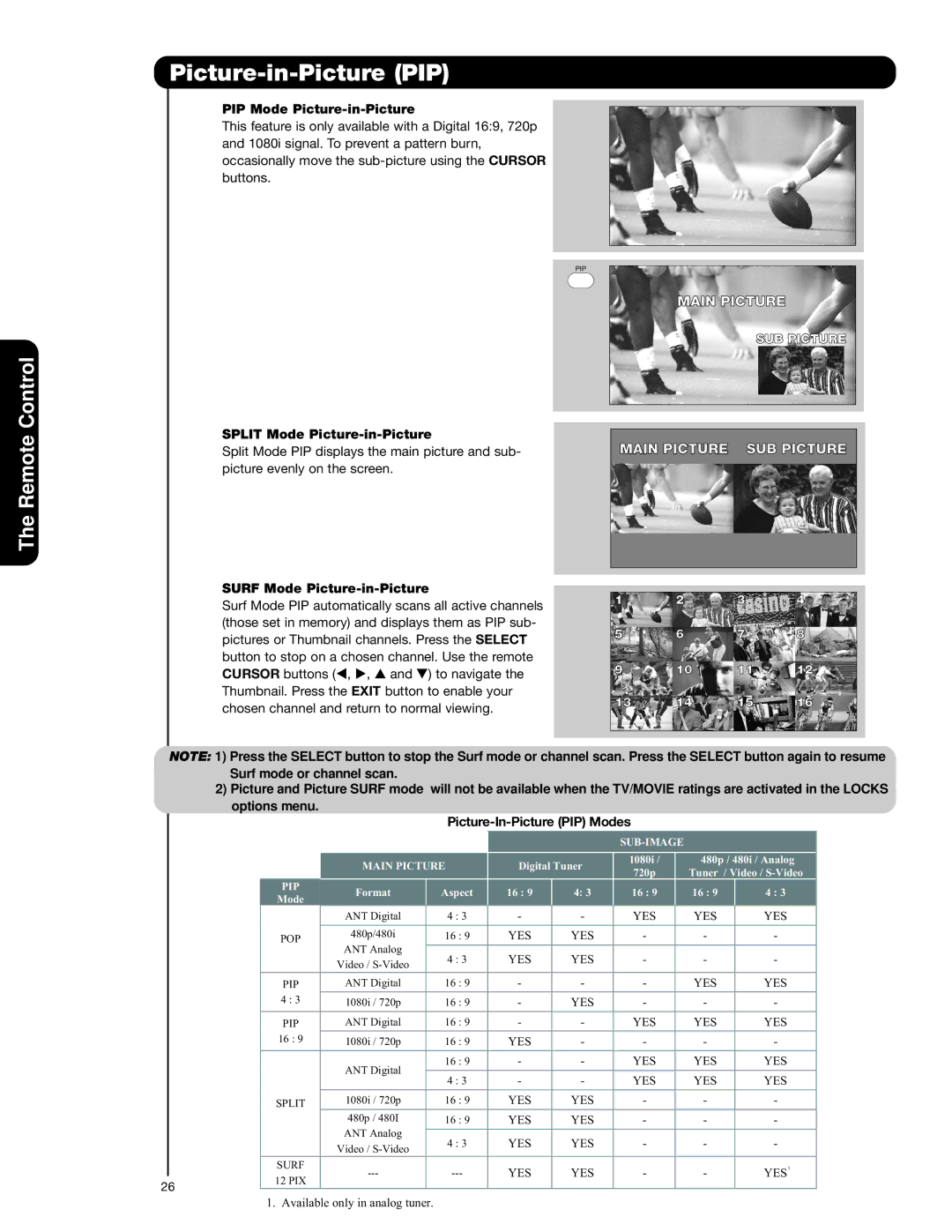 Hitachi 62VS69 PIP Mode Picture-in-Picture, Split Mode Picture-in-Picture, Surf Mode Picture-in-Picture 