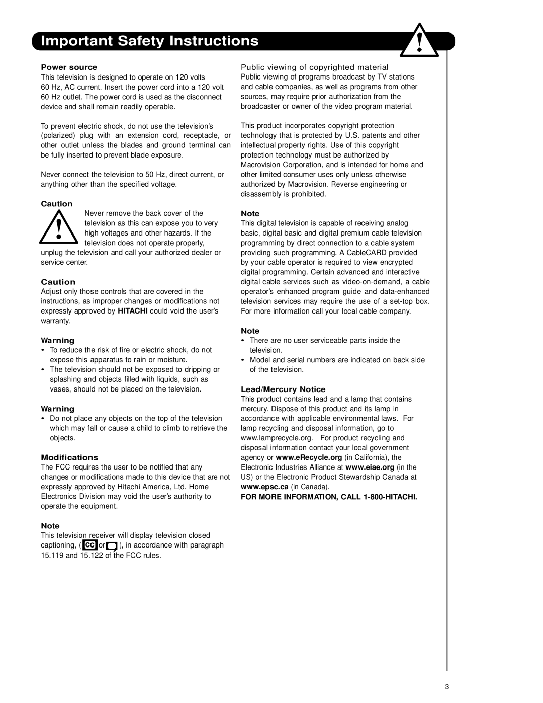 Hitachi 62VS69 Power source, Modifications, Lead/Mercury Notice, For More INFORMATION, Call 1-800-HITACHI 