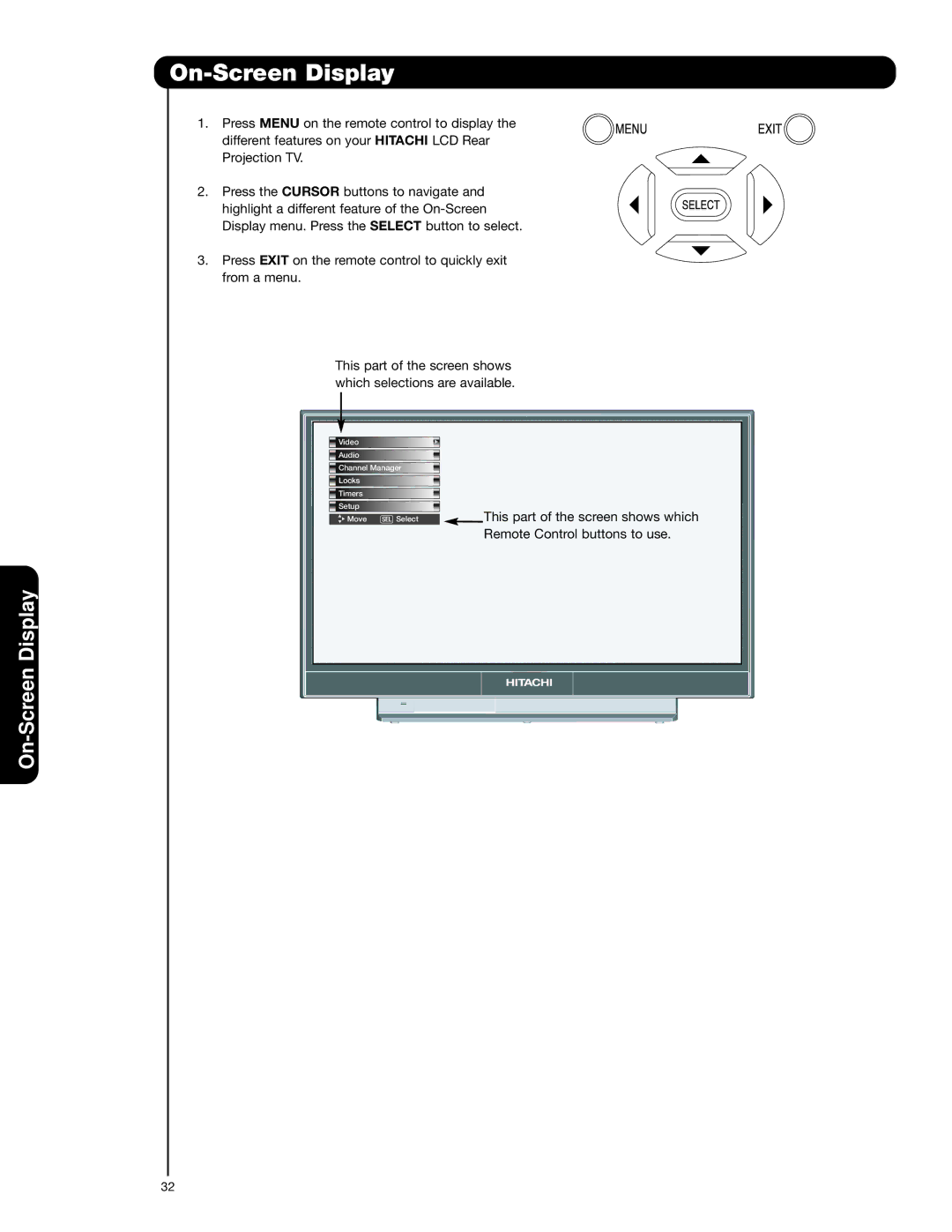 Hitachi 62VS69 important safety instructions On-Screen Display 