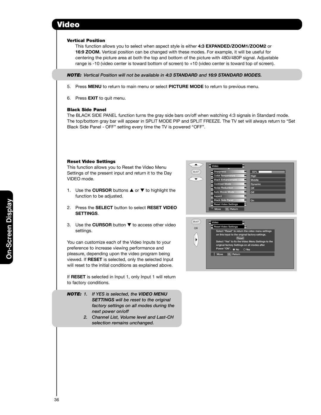 Hitachi 62VS69 important safety instructions Vertical Position, Black Side Panel, Reset Video Settings 