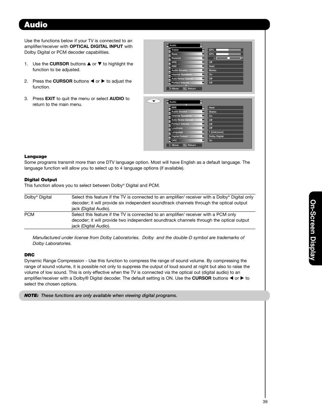 Hitachi 62VS69 important safety instructions Language, Digital Output, Pcm, Drc 