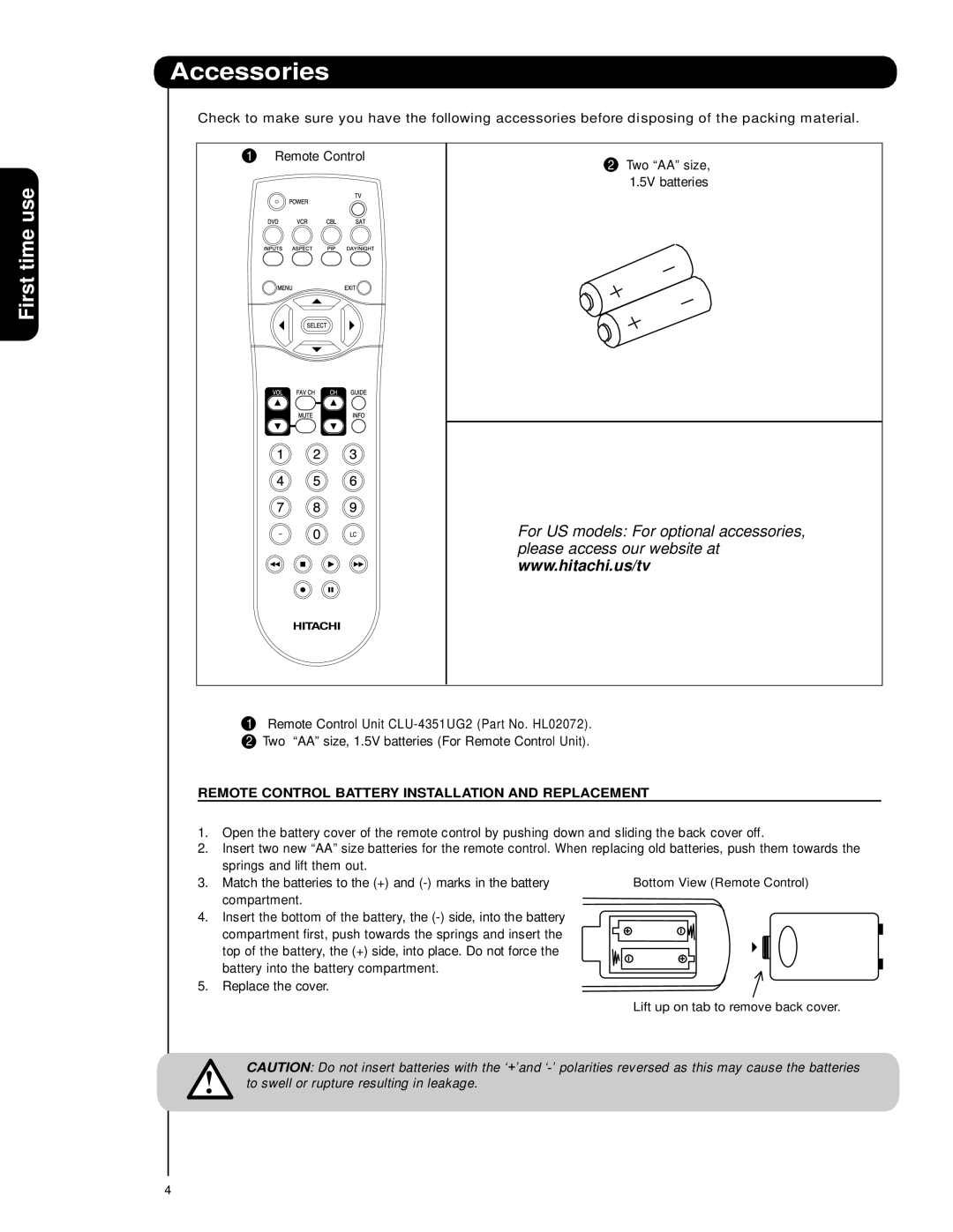 Hitachi 62VS69 Accessories, First time use, Remote Control Battery Installation and Replacement 