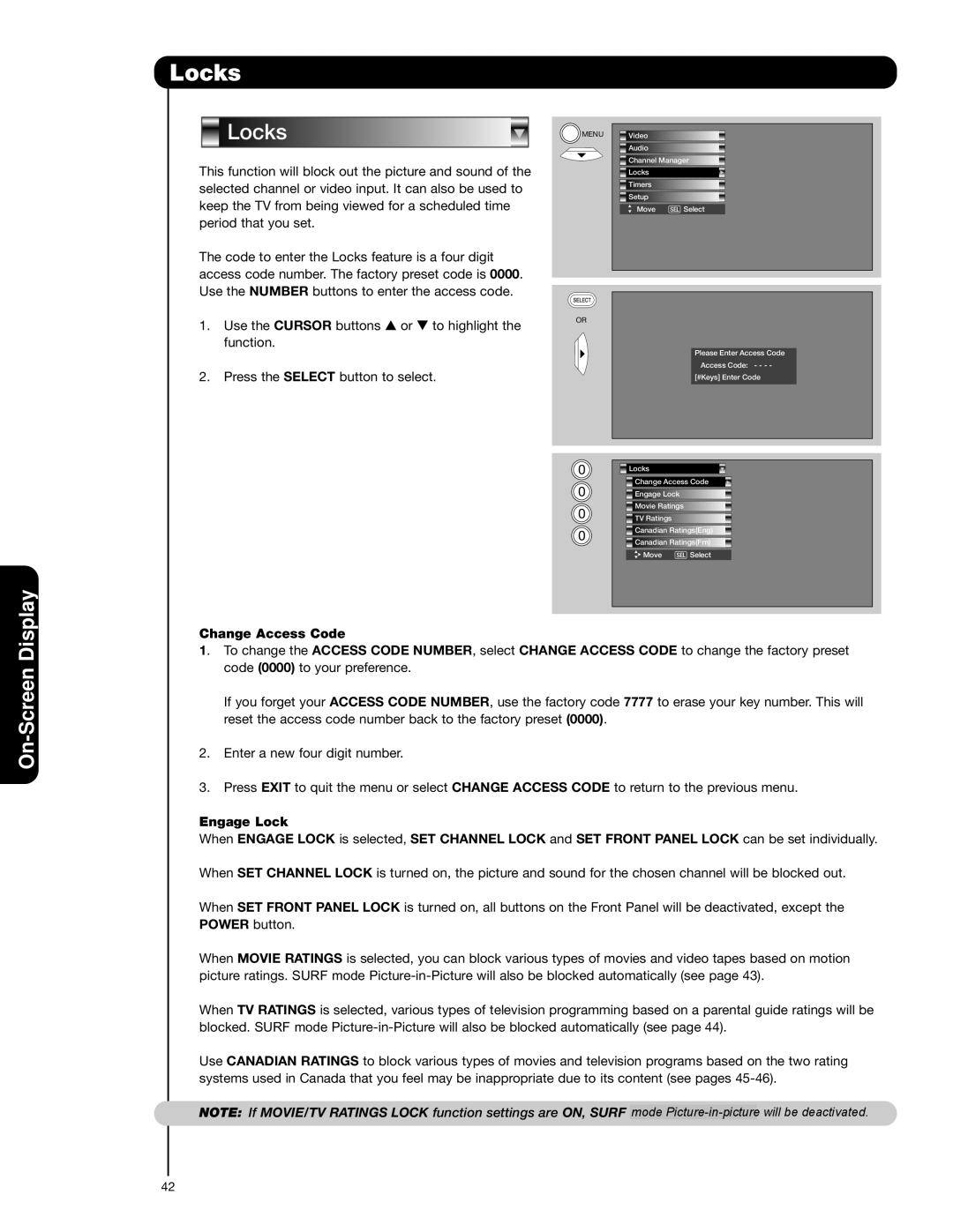 Hitachi 62VS69 important safety instructions Locks, Change Access Code 