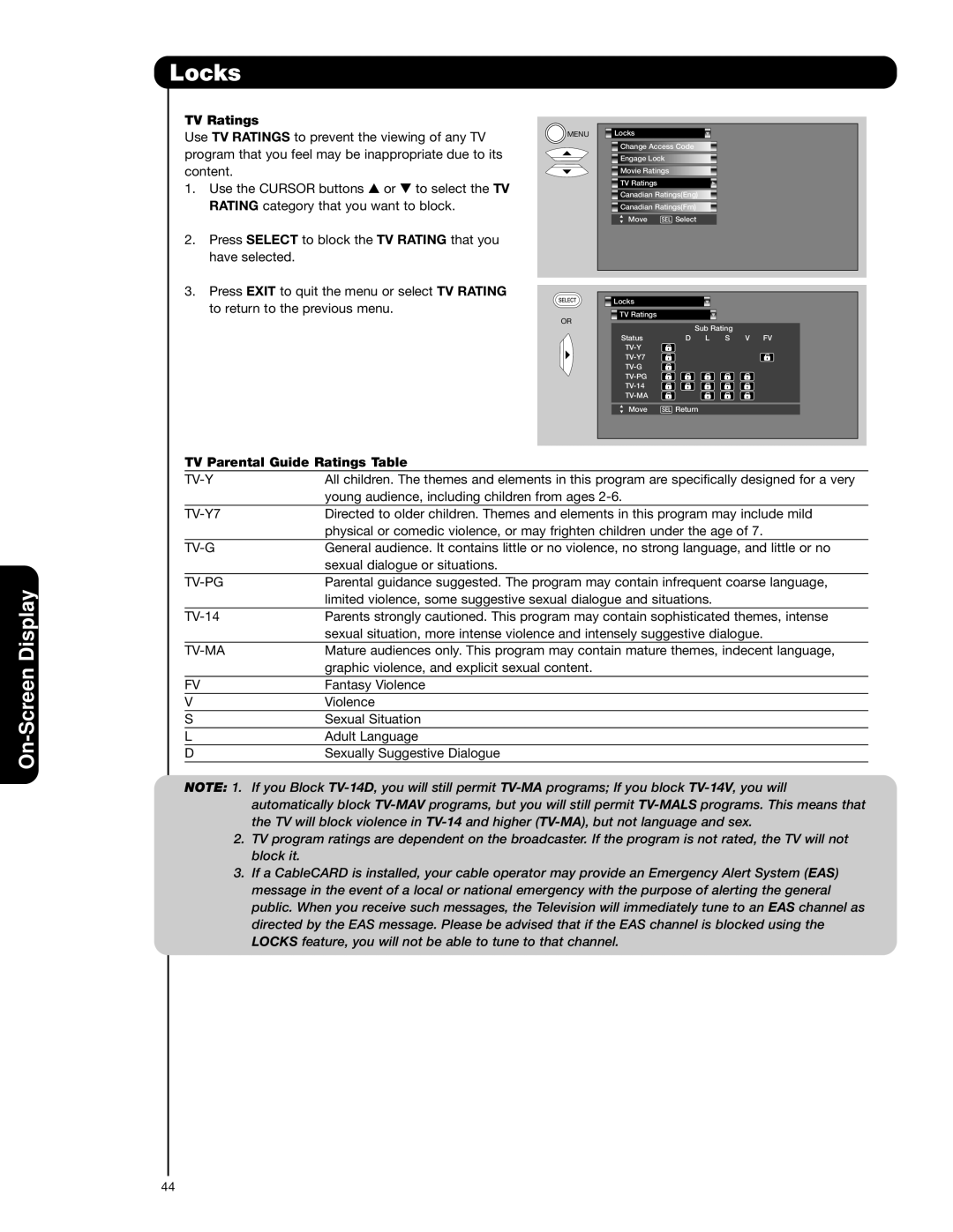 Hitachi 62VS69 important safety instructions TV Ratings, TV Parental Guide Ratings Table 