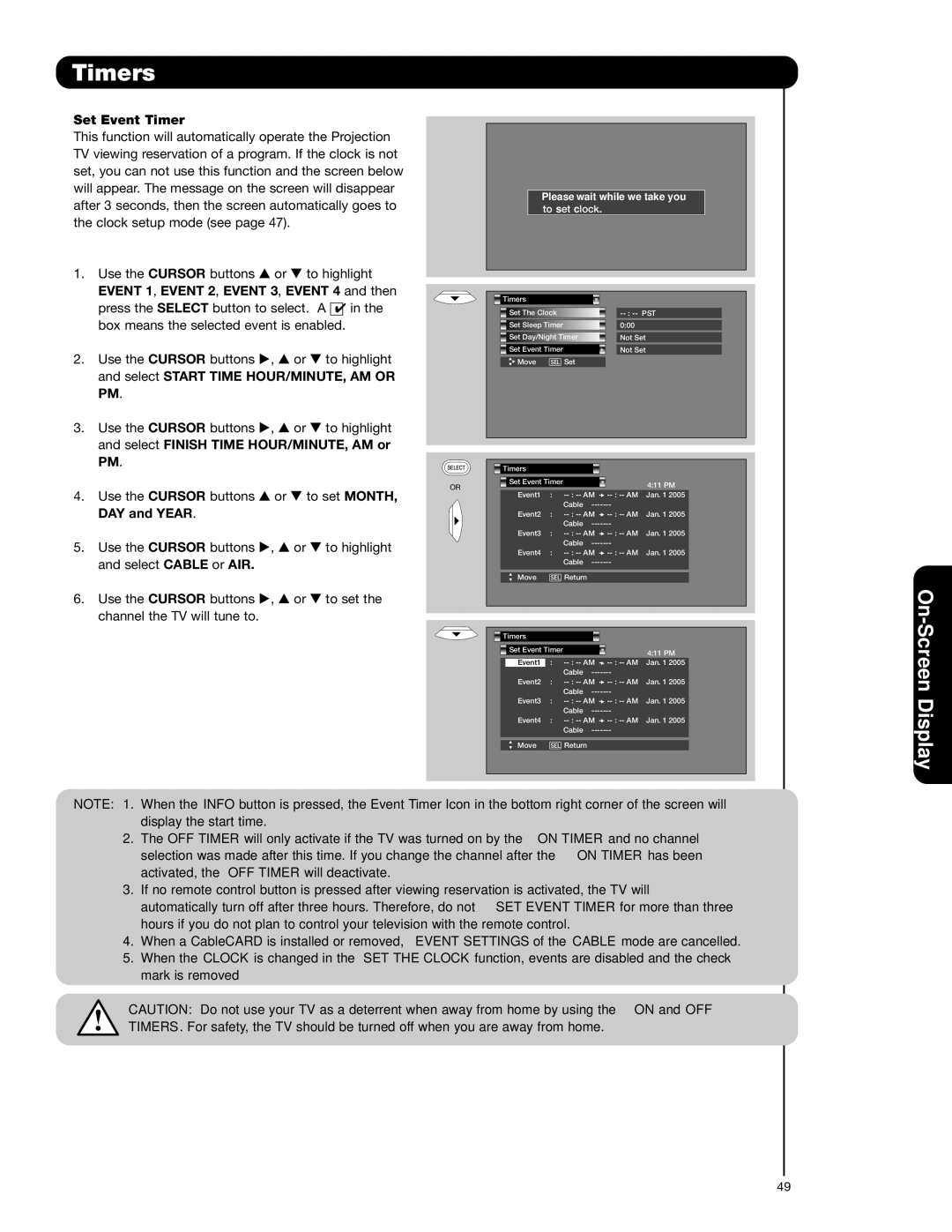 Hitachi 62VS69 Set Event Timer, Event 1 , Event 2 , Event 3 , Event 4 and then, Select Start Time HOUR/MINUTE, AM or 