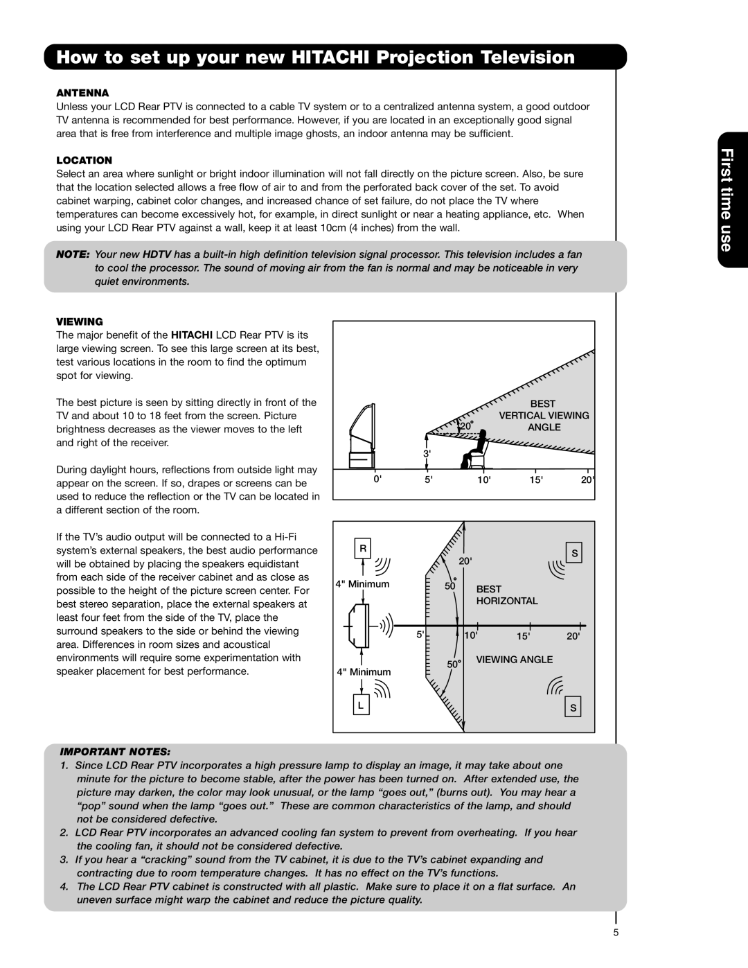 Hitachi 62VS69 How to set up your new Hitachi Projection Television, Antenna, Location, Viewing 