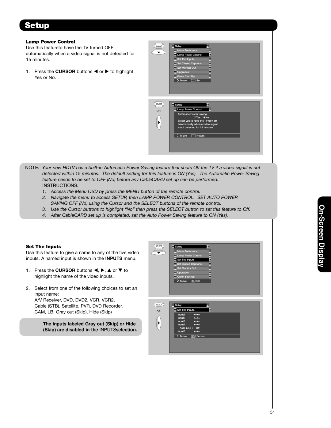 Hitachi 62VS69 important safety instructions Lamp Power Control, Set The Inputs 