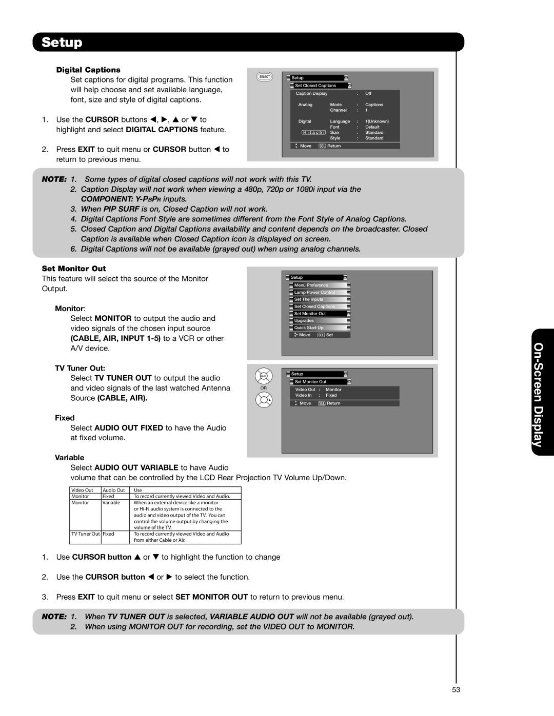 Hitachi 62VS69 Digital Captions, Set Monitor Out, TV Tuner Out, Fixed, Variable, Use Cursor button 