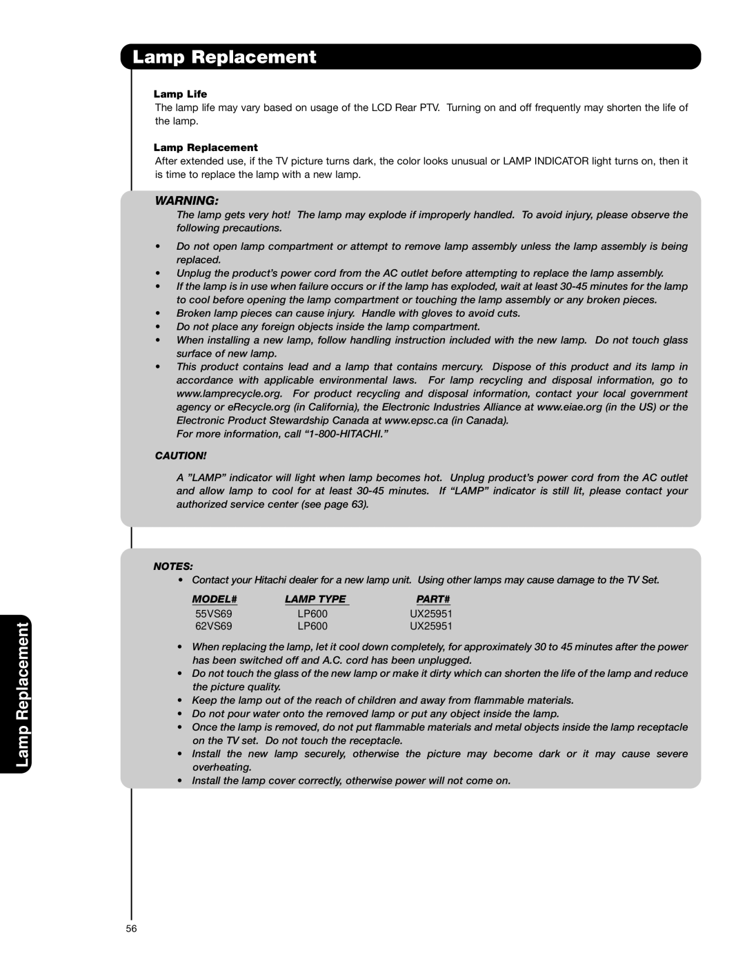 Hitachi 62VS69 important safety instructions Lamp Replacement, Lamp Life 