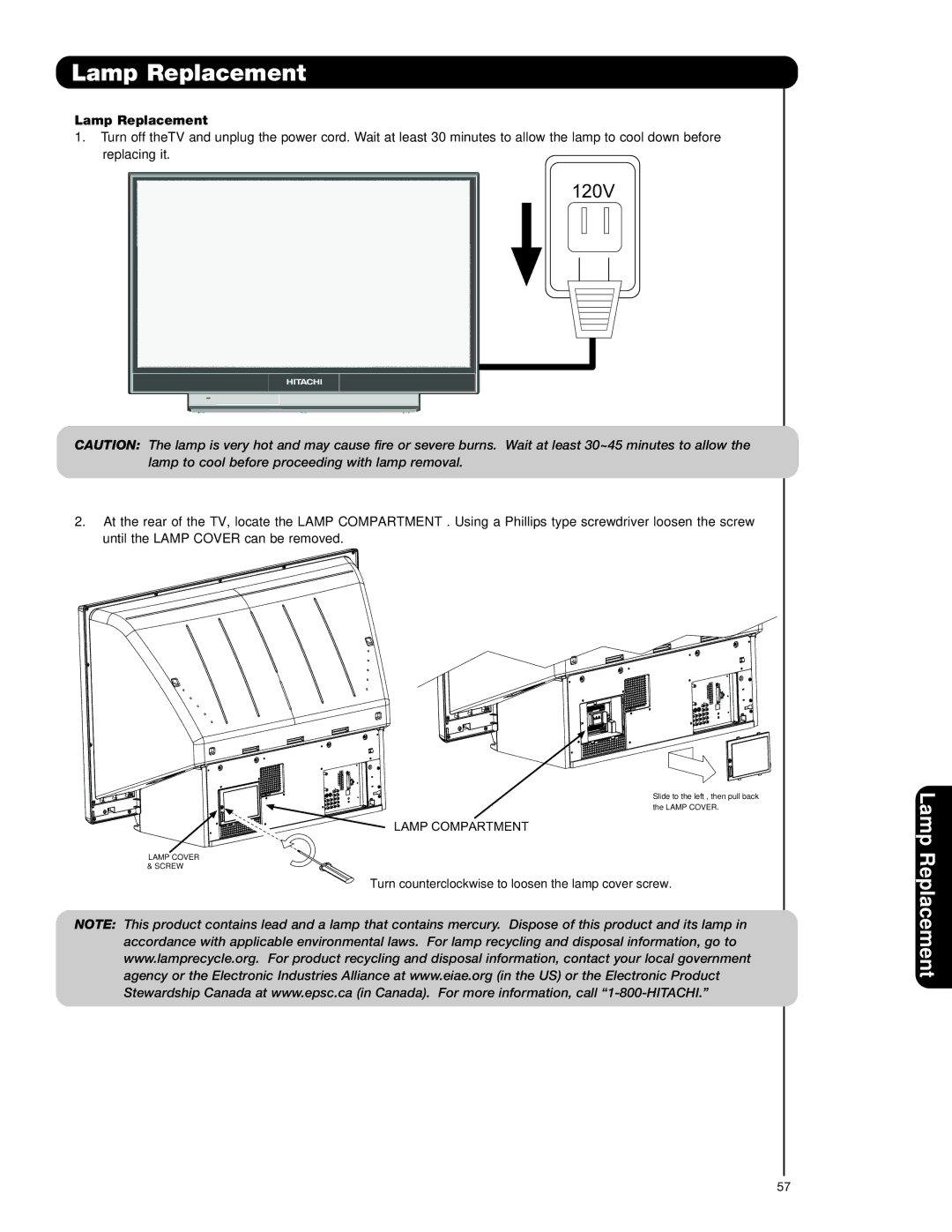 Hitachi 62VS69 important safety instructions 120V, Lamp Compartment 