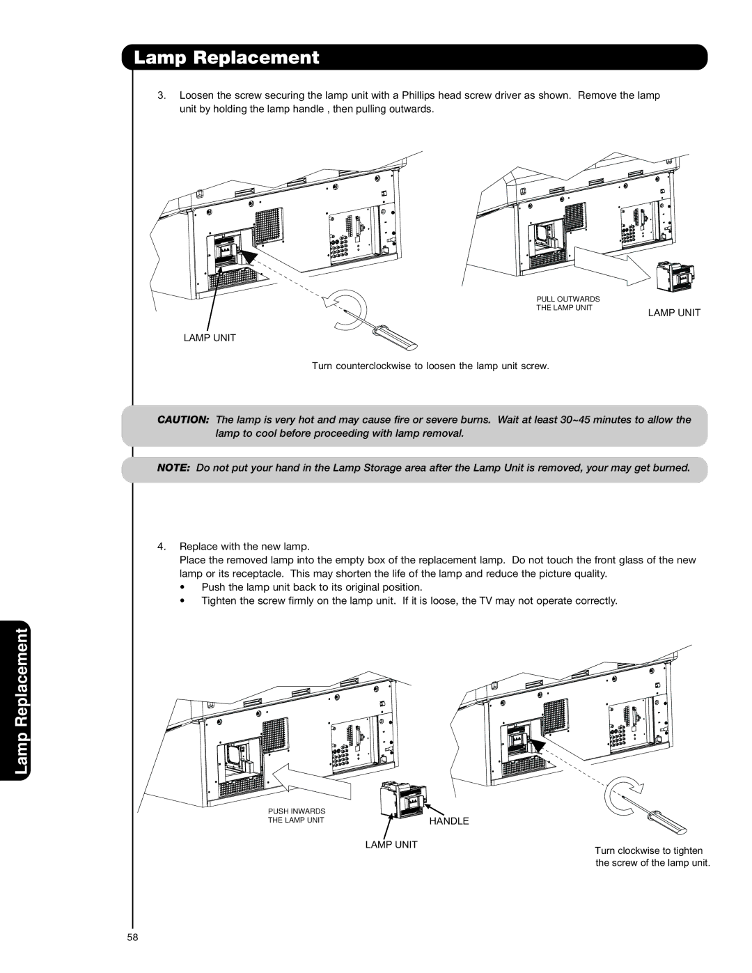 Hitachi 62VS69 important safety instructions Lamp Unit, Handle 