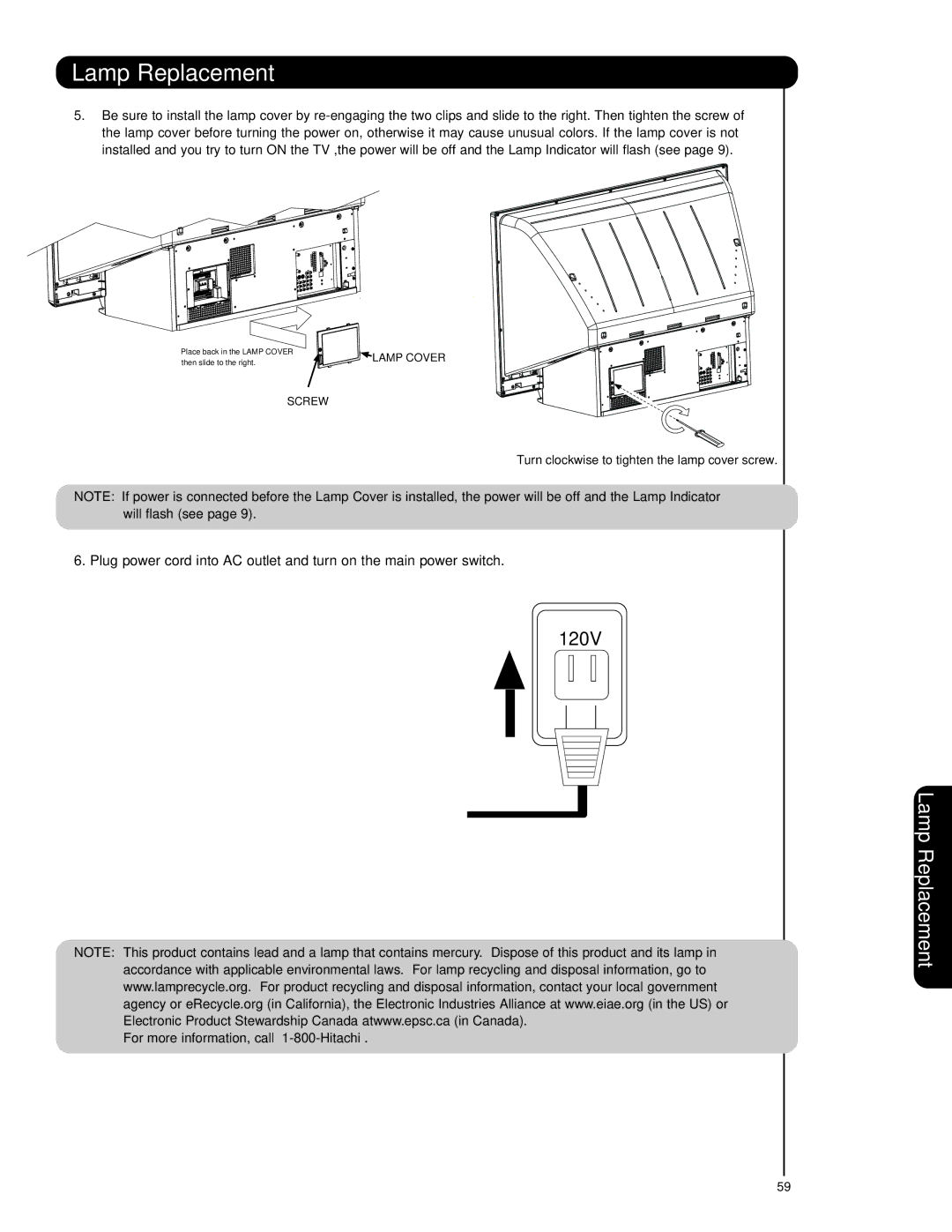 Hitachi 62VS69 important safety instructions Turn clockwise to tighten the lamp cover screw 