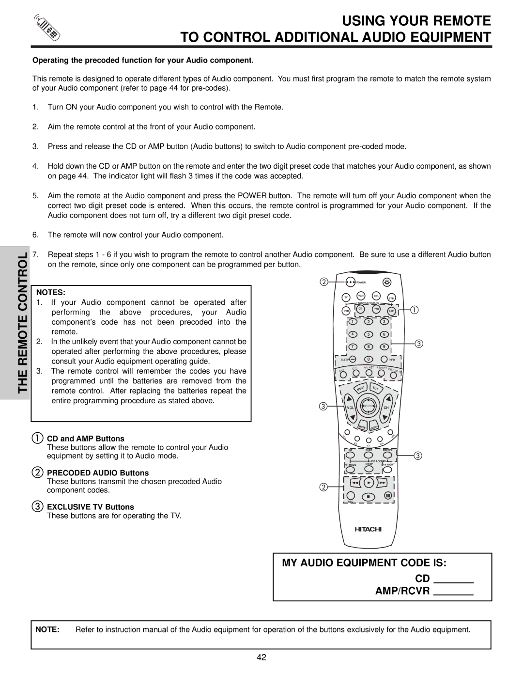 Hitachi 65X500, 65T500A, 57T500 Using Your Remote To Control Additional Audio Equipment, Precoded Audio Buttons 