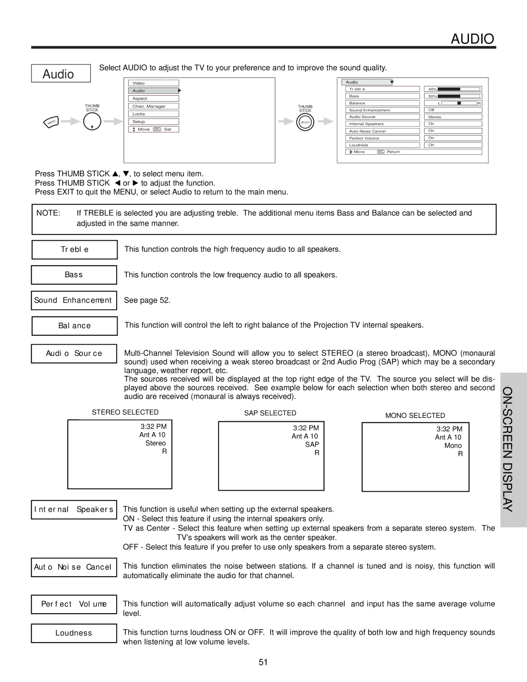 Hitachi 57T500, 65T500A, 65X500 important safety instructions Treble Bass, Sound Enhancement Balance Audio Source 