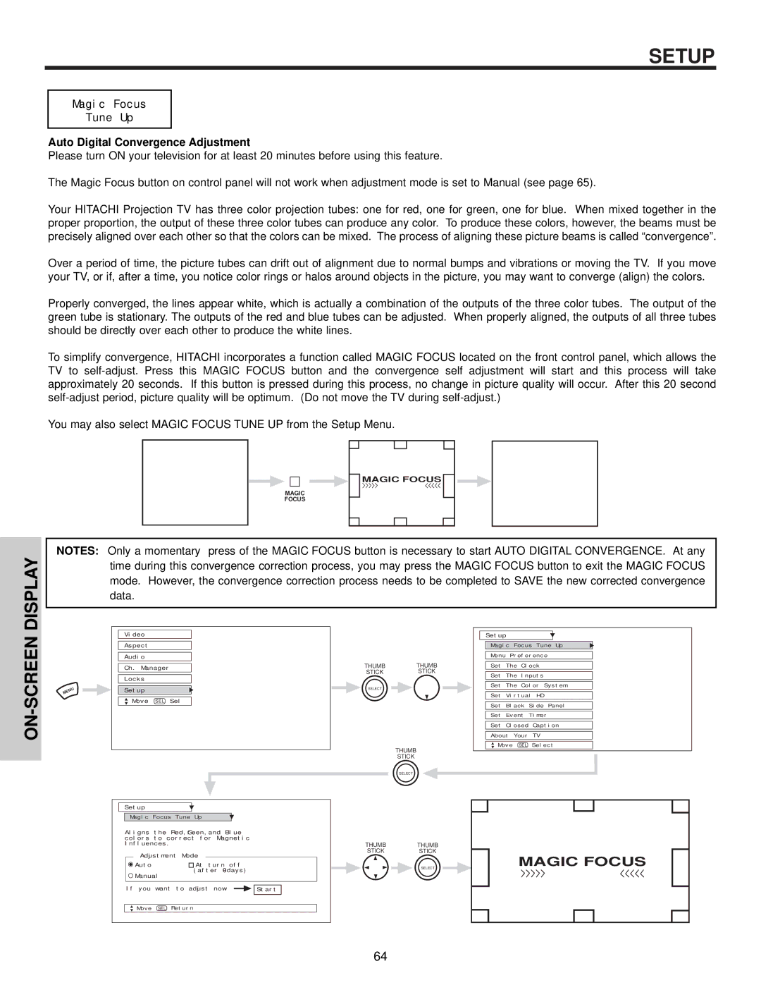 Hitachi 65T500A, 65X500, 57T500 Display ON-SCREEN, Magic Focus Tune Up, Auto Digital Convergence Adjustment 