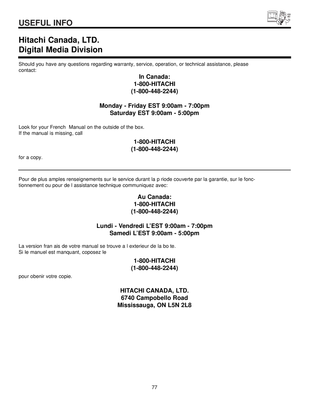 Hitachi 65T500A, 65X500, 57T500 important safety instructions Digital Media Division 